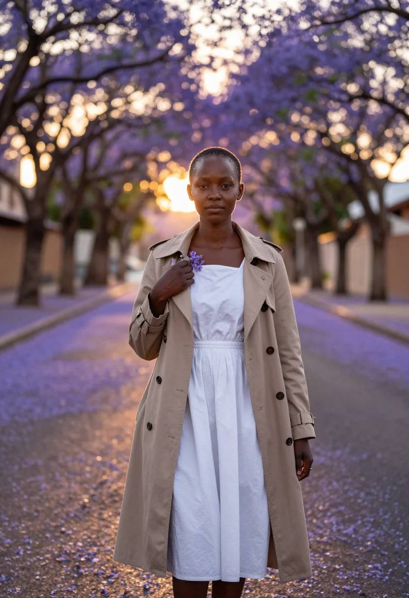AI nairobi jacaranda sample — portrait of a traveller, waist-up portrait of a Kenyan woman