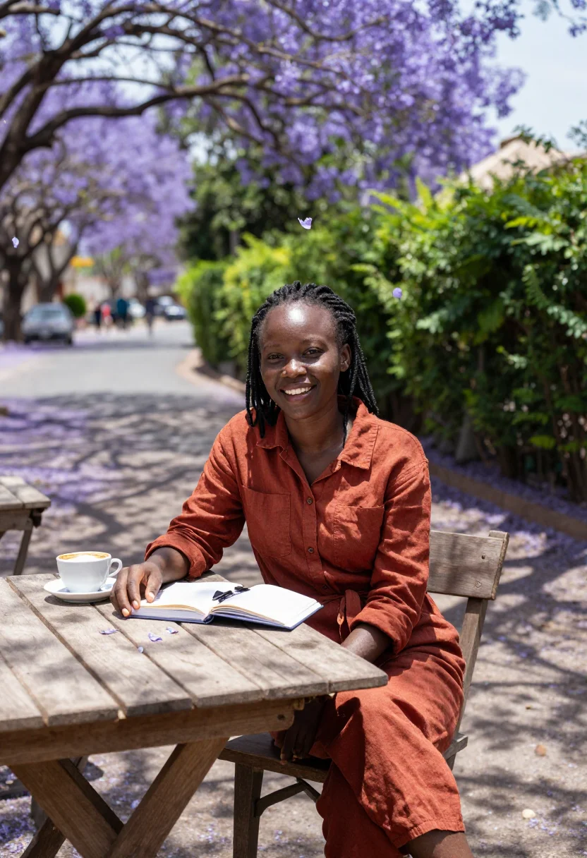 AI nairobi jacaranda sample — portrait of a traveller, waist-up portrait of a Kenyan woman
