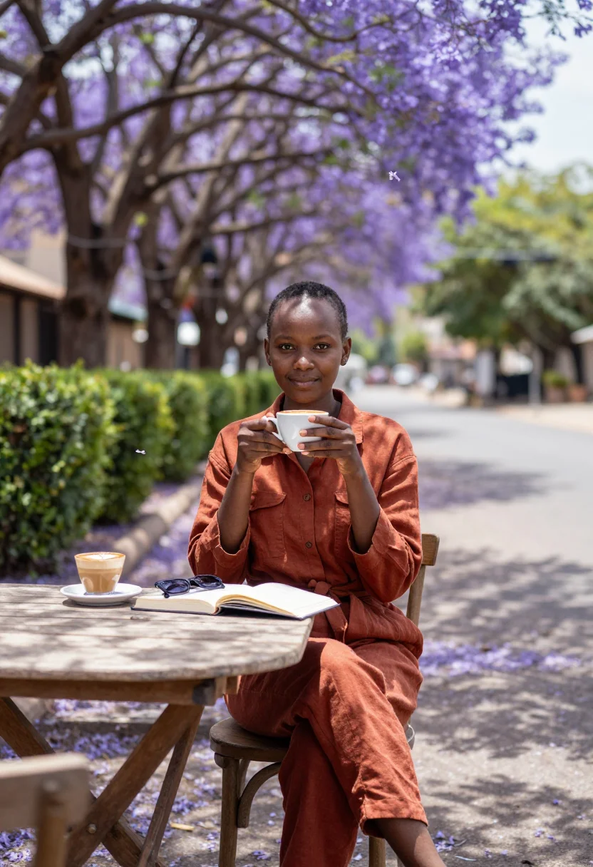 AI nairobi jacaranda sample — portrait of a traveller, waist-up portrait of a Kenyan woman
