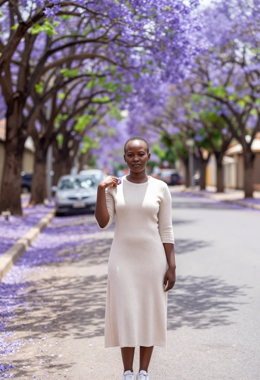 AI nairobi jacaranda sample — portrait of a traveller, waist-up portrait of a Kenyan woman