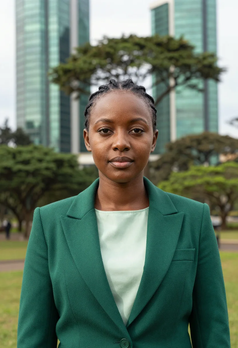 AI nairobi tech founder upper hill glass green sample — portrait of a woman, a tech founder in her early thirties of
