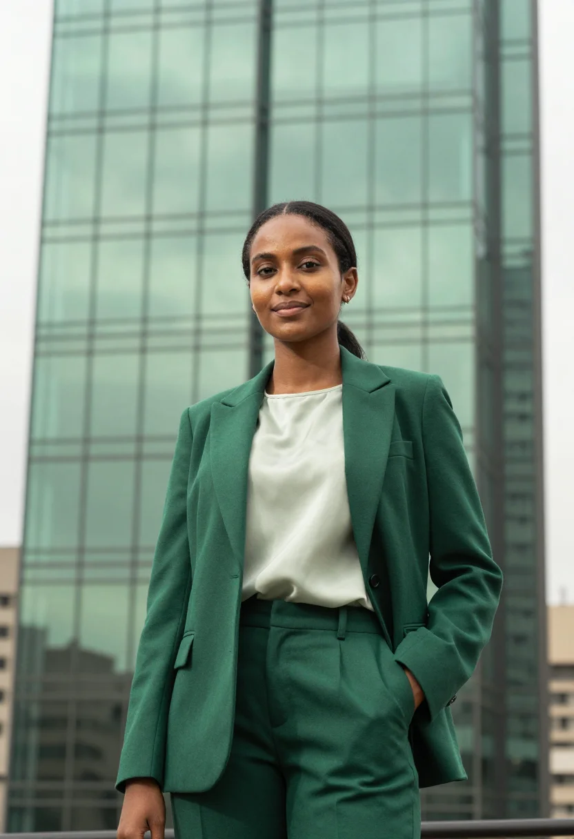 AI nairobi tech founder upper hill glass green sample — portrait of a woman, a tech founder in her early forties of