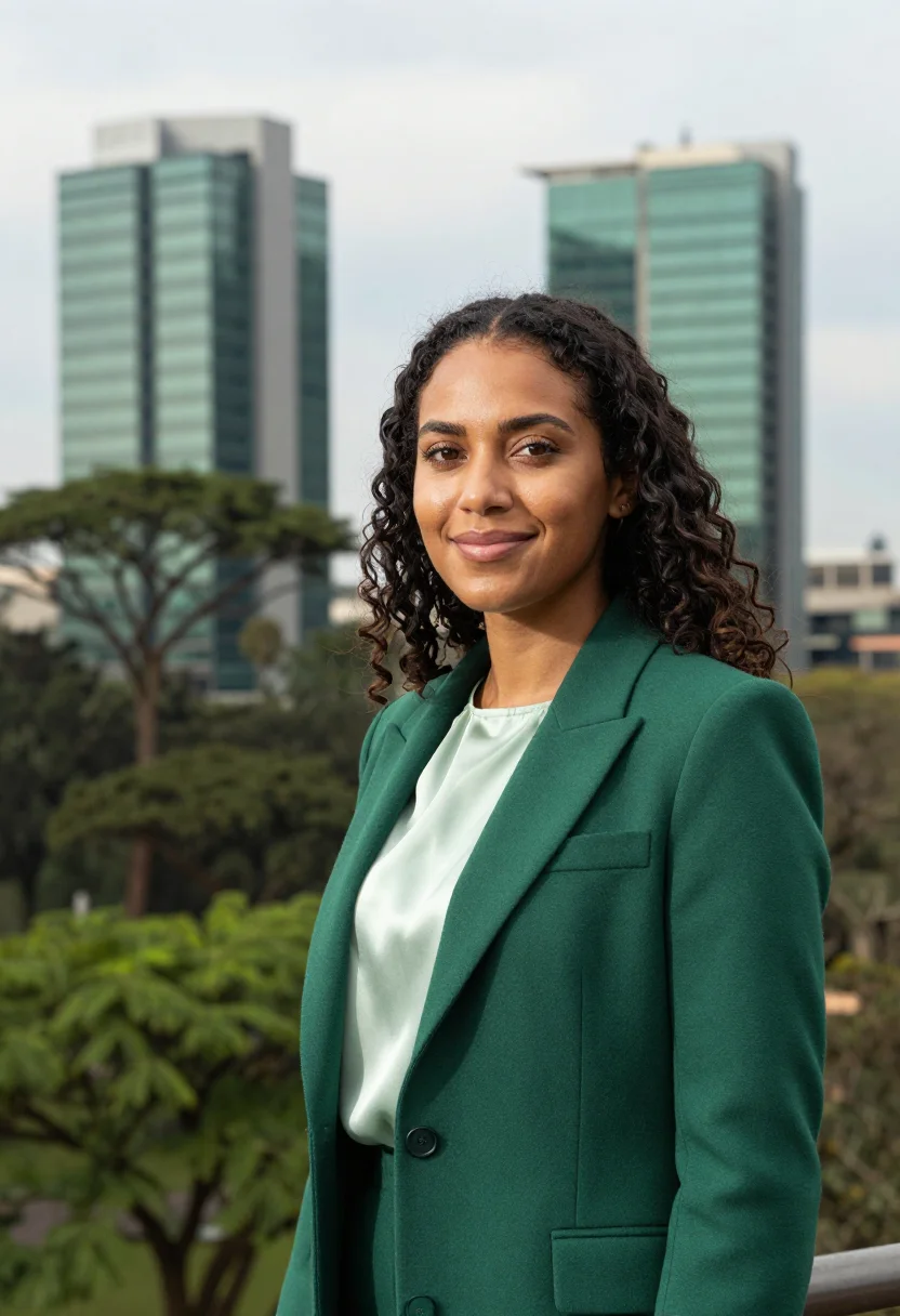 AI nairobi tech founder upper hill glass green sample — portrait of a woman, a tech founder in her late twenties of