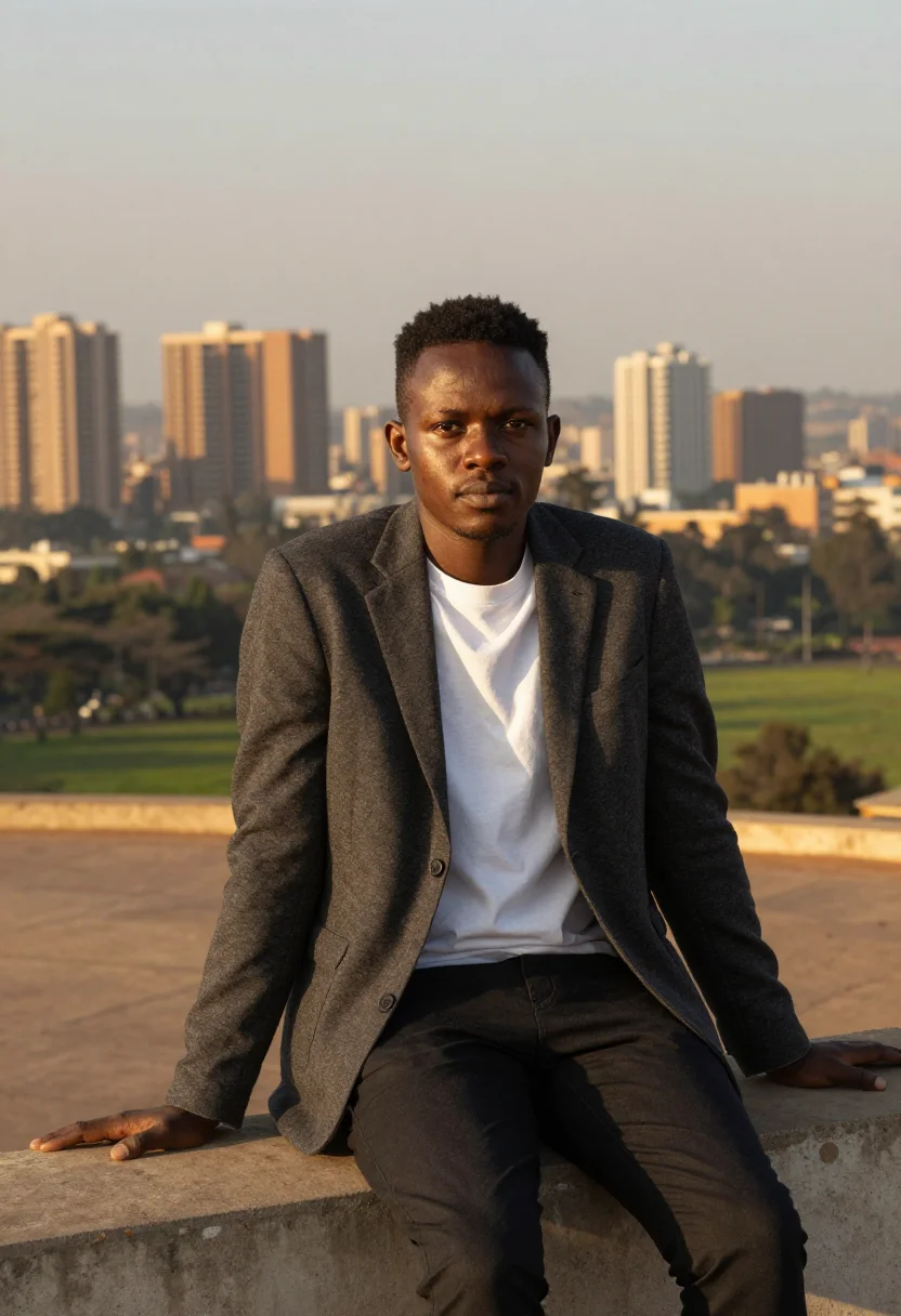 AI nairobi tech sample — portrait of a founder, waist-up portrait of a Kenyan man in