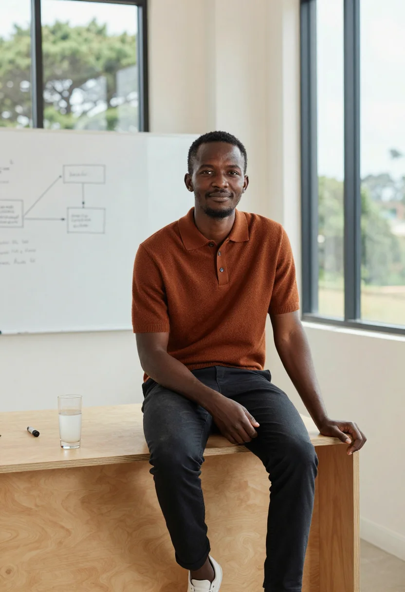 AI nairobi tech sample — portrait of a founder, waist-up portrait of a Kenyan man in