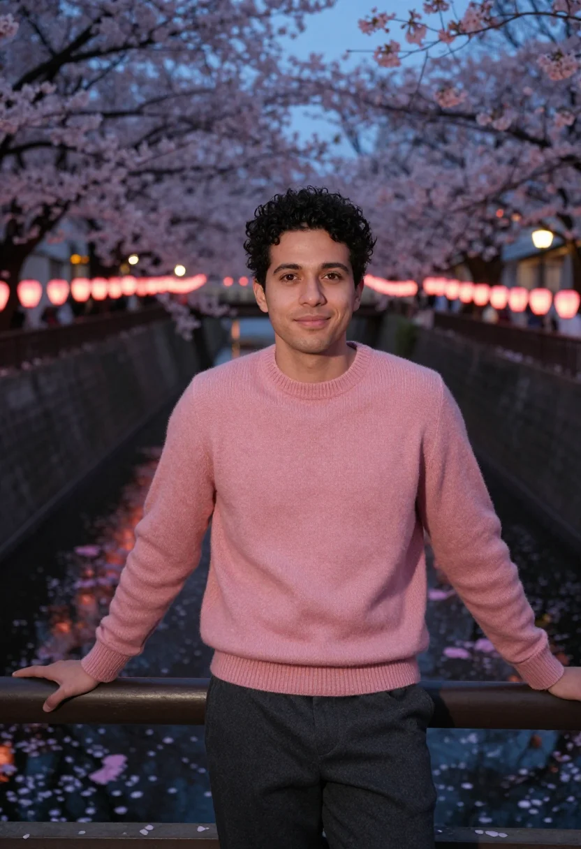 AI nakameguro cherry river evening pink date sample — portrait of a man, a French man in his late twenties with ol