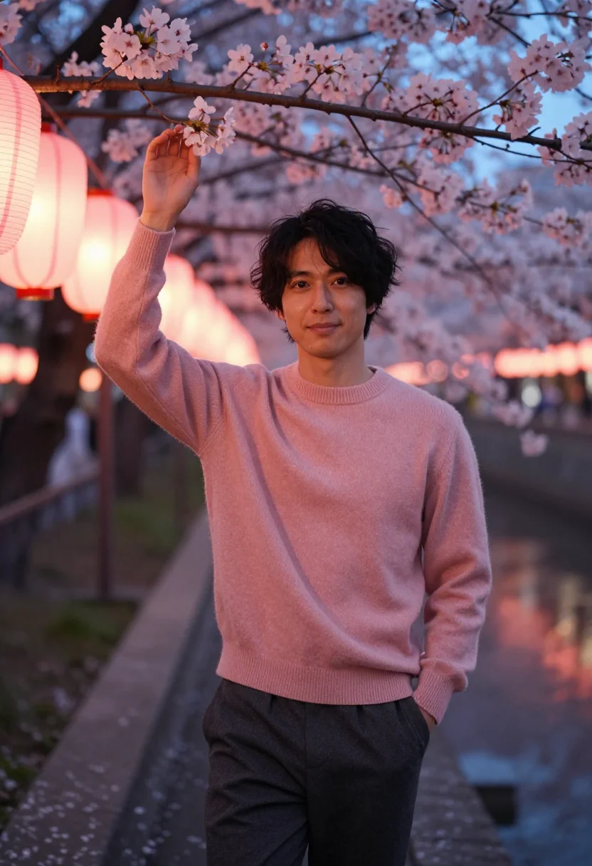 AI nakameguro cherry river evening pink date sample — portrait of a man, a Japanese man in his late twenties with