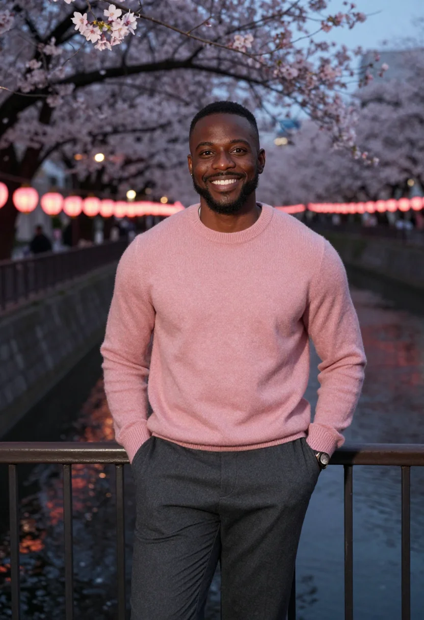 AI nakameguro cherry river evening pink date sample — portrait of a man, a African American man in his mid-thirtie
