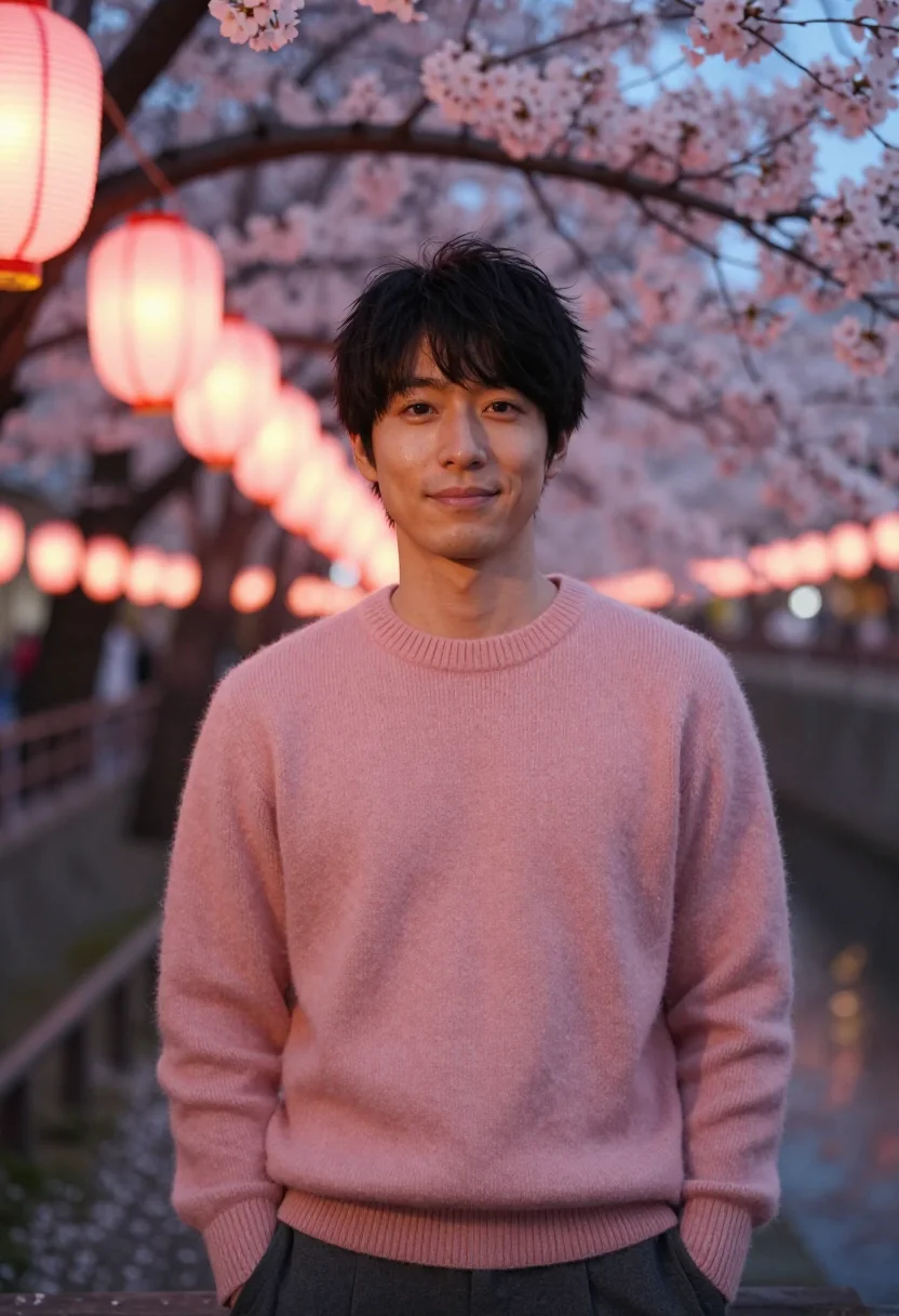 AI nakameguro cherry river evening pink date sample — portrait of a man, a Japanese man in his early thirties with