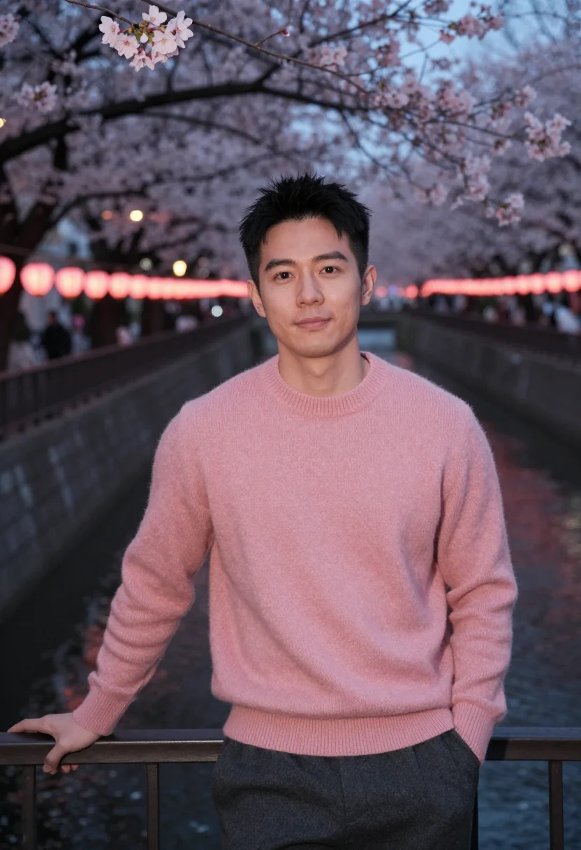 AI nakameguro cherry river evening pink date sample — portrait of a man, a Chinese man in his early thirties with