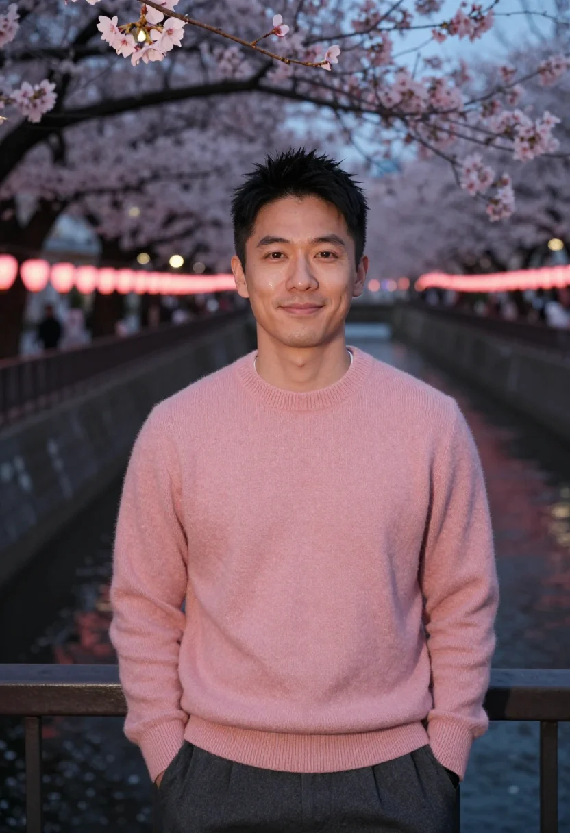 AI nakameguro cherry river evening pink date sample — portrait of a man, a Japanese man in his mid-thirties with w