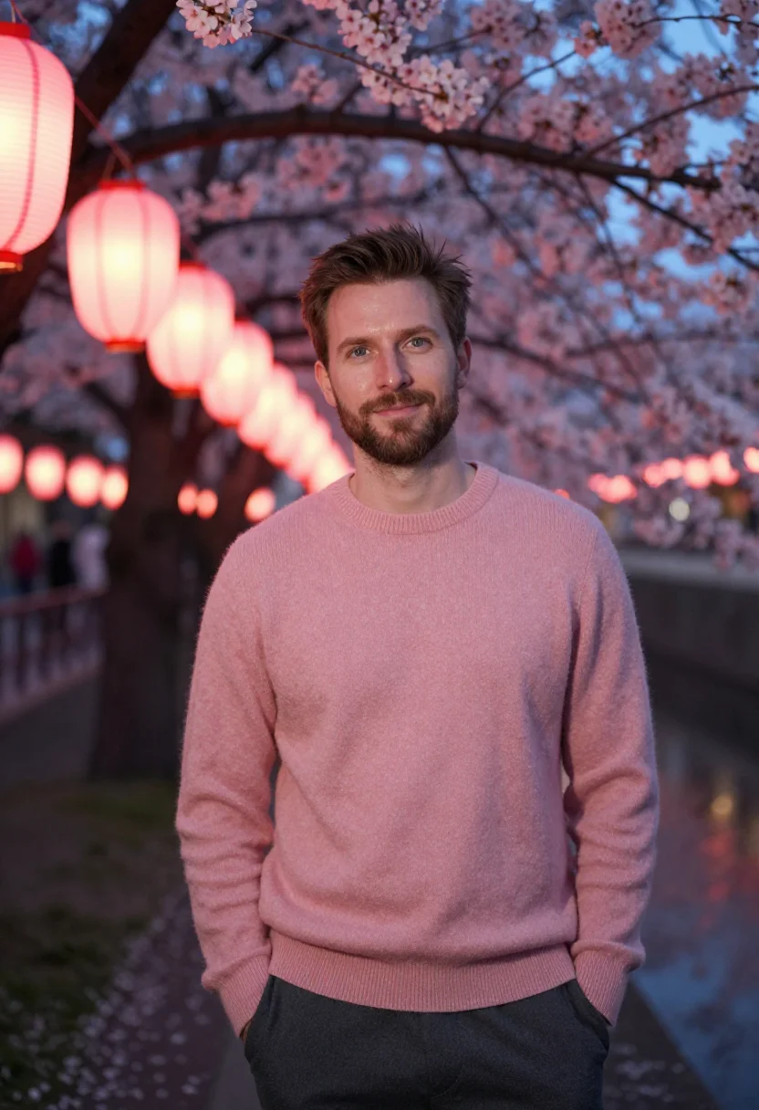 AI nakameguro cherry river evening pink date sample — portrait of a man, a Western-European man in his mid-thirtie