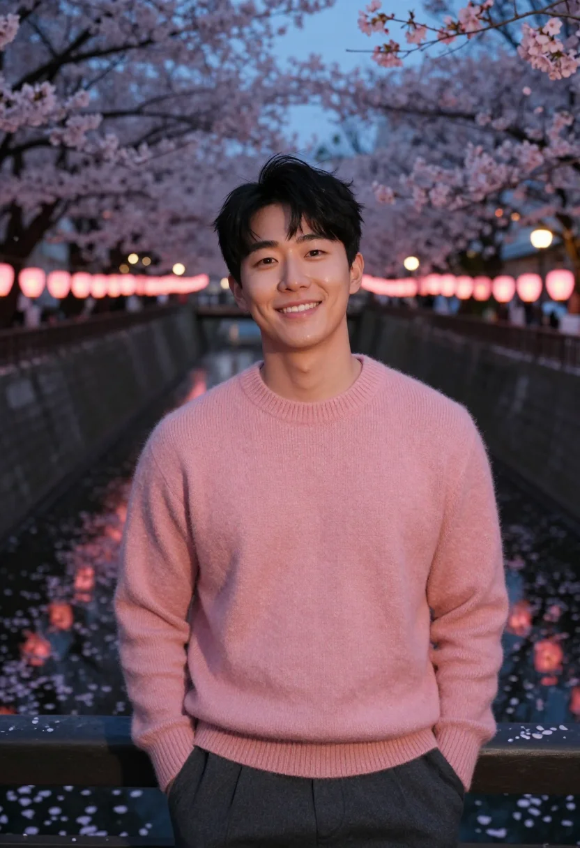 AI nakameguro cherry river evening pink date sample — portrait of a man, a Korean man in his early thirties with h