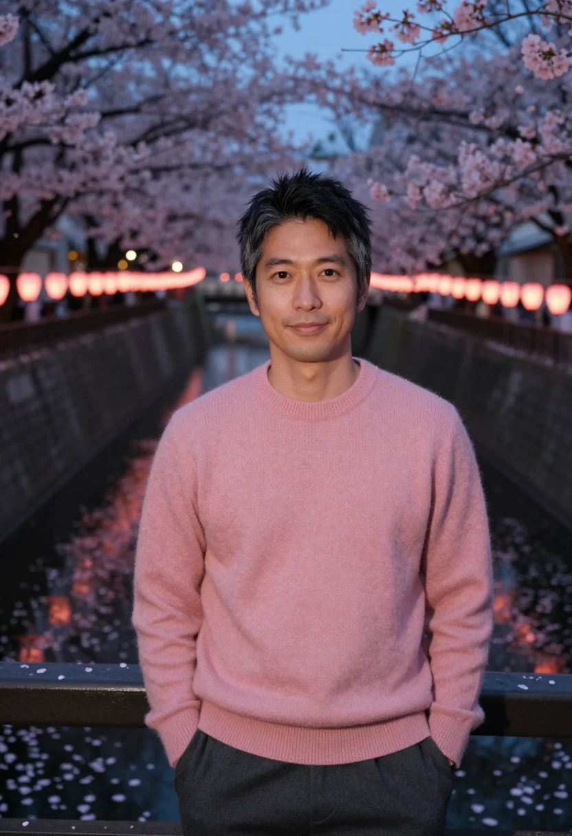 AI nakameguro cherry river evening pink date sample — portrait of a man, a Japanese man in his early forties with