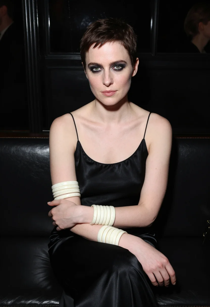 AI nancy cunard ivory bangles black sample — portrait of a woman, framed chest-up, the body close to the