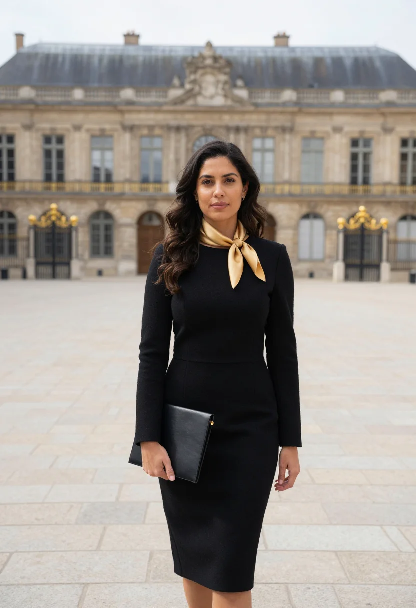 AI nancy place stanislas notaire gilt black sample — portrait of a woman, in her mid-thirties, French of North Af