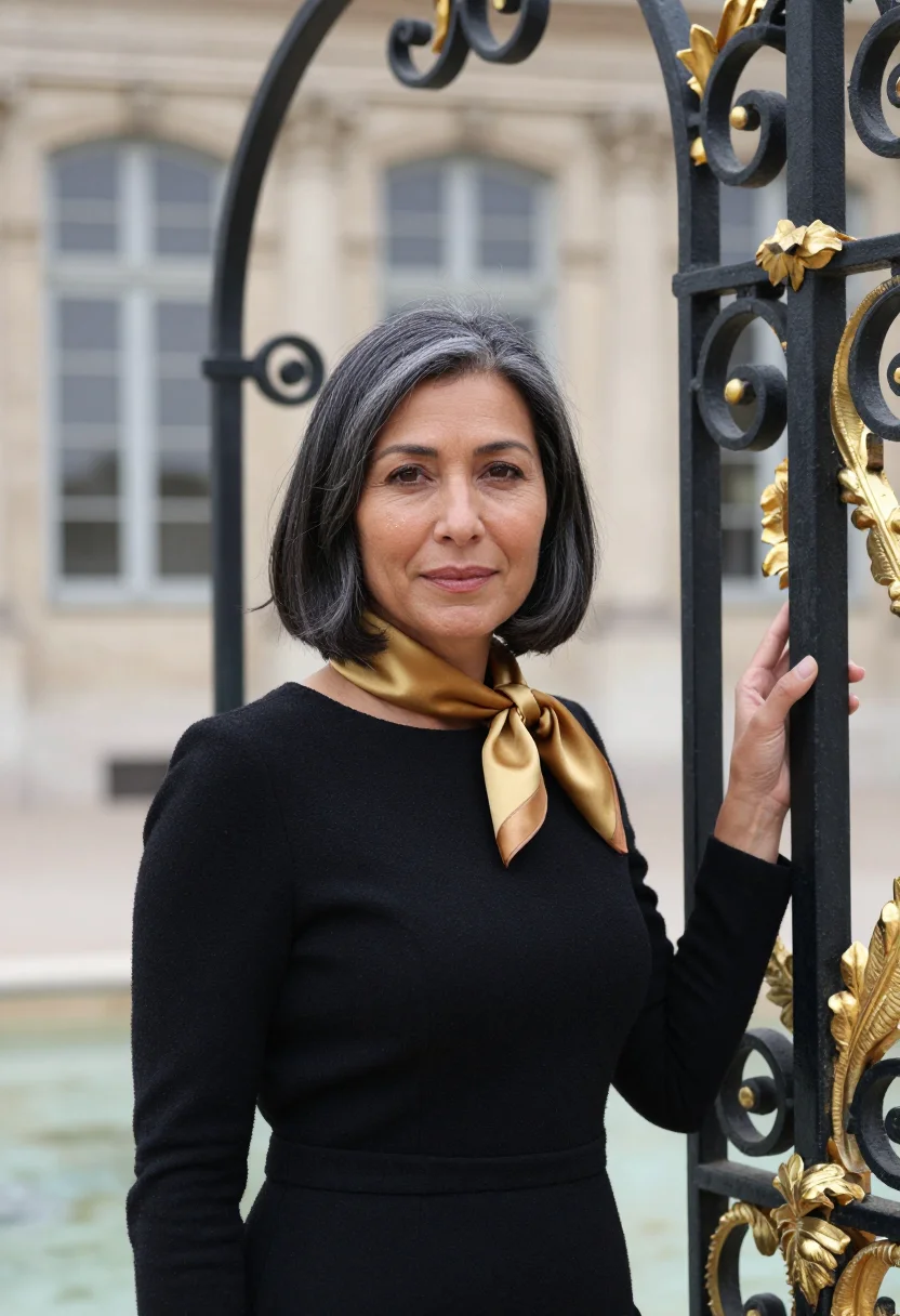 AI nancy place stanislas notaire gilt black sample — portrait of a woman, in her early fifties, with warm olive s
