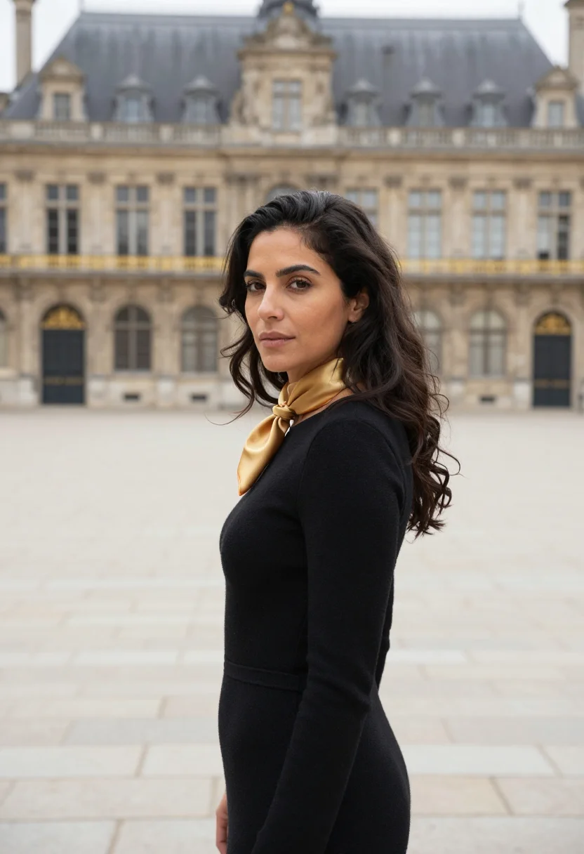 AI nancy place stanislas notaire gilt black sample — portrait of a woman, in her mid-thirties, French of North Af