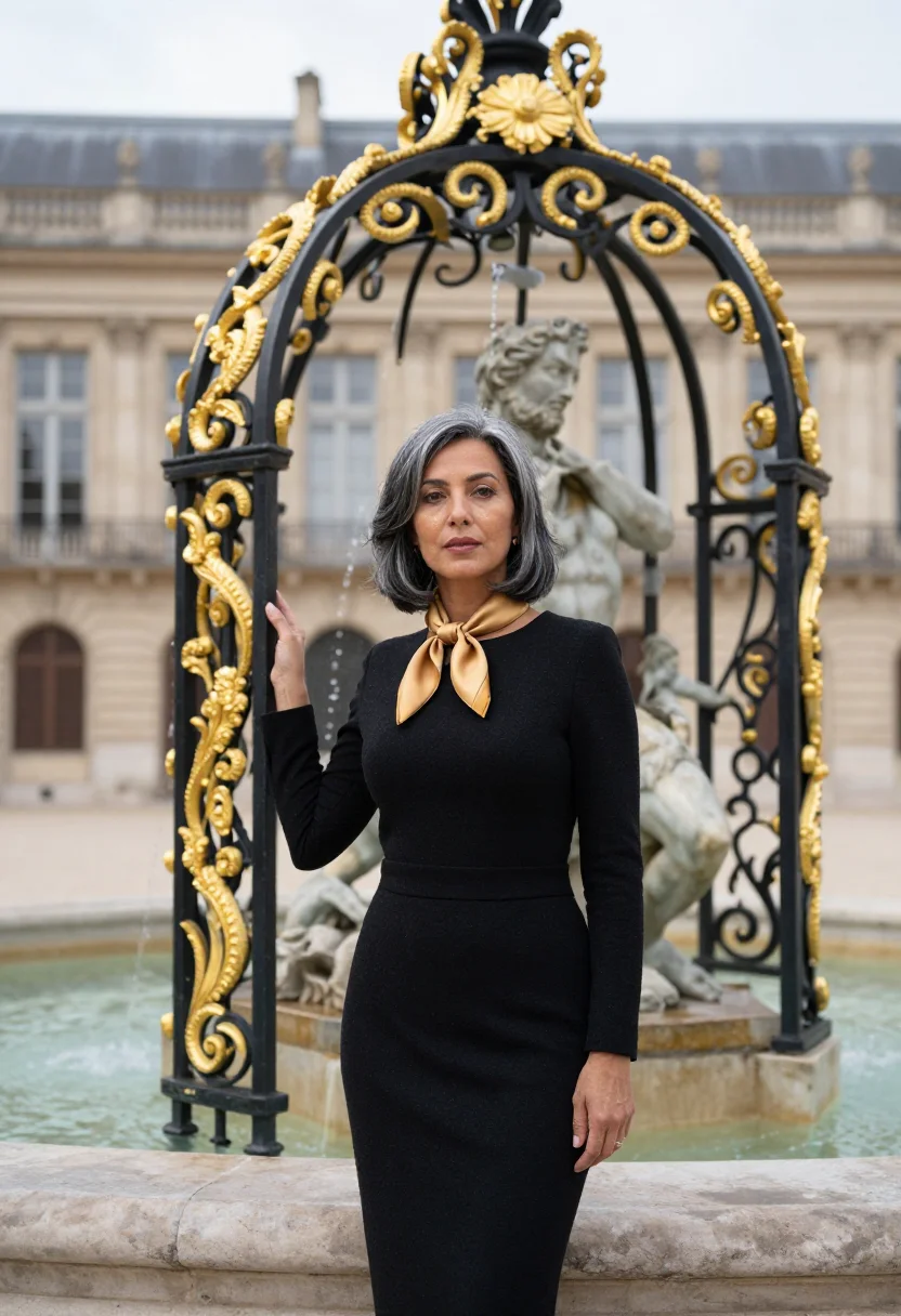 AI nancy place stanislas notaire gilt black sample — portrait of a woman, in her early fifties, with warm olive s