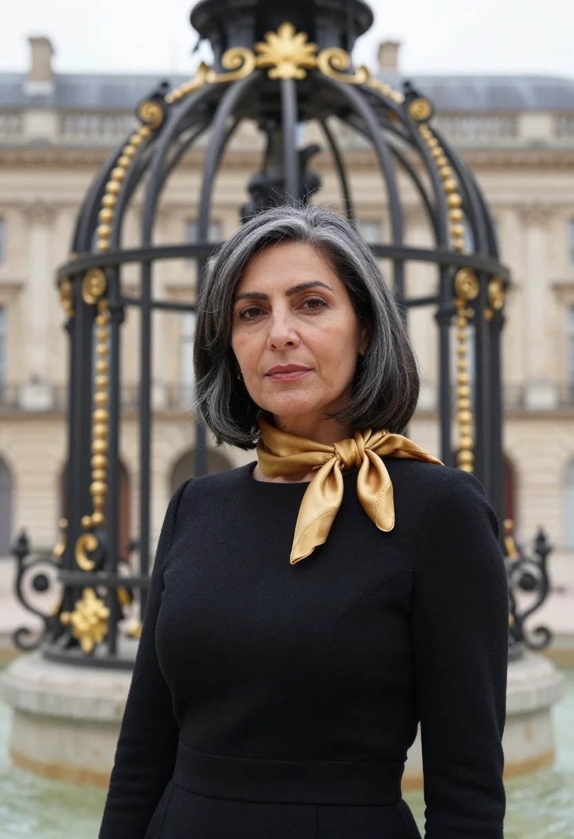 AI nancy place stanislas notaire gilt black sample — portrait of a woman, in her early fifties, with warm olive s