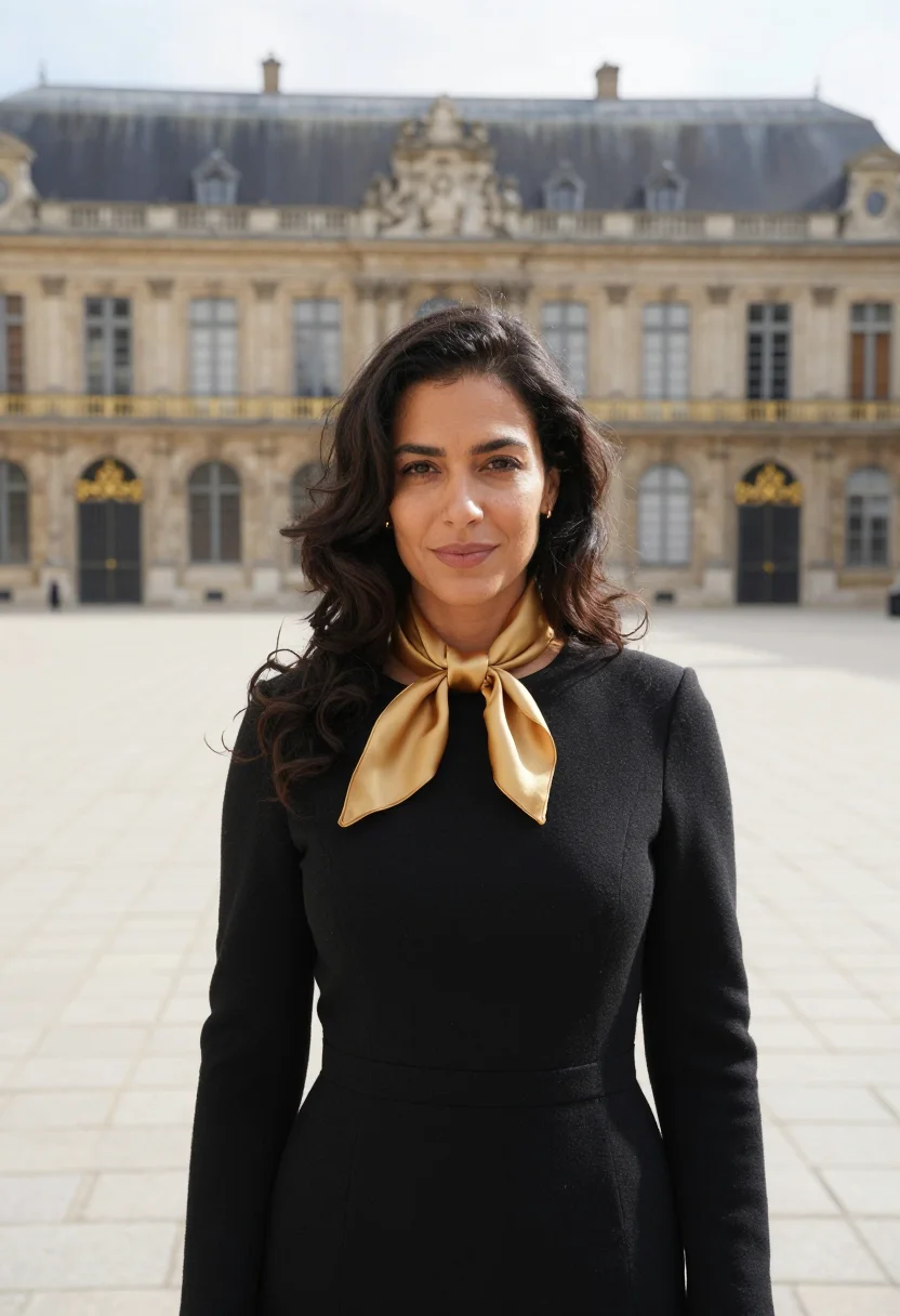 AI nancy place stanislas notaire gilt black sample — portrait of a woman, in her mid-thirties, French of North Af