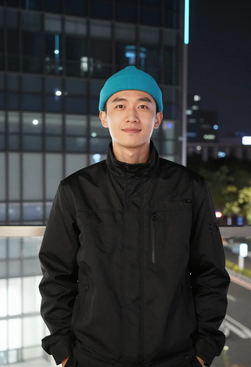 AI nanshan hardware night cyan sample — portrait of a hardware engineer, chest-up portrait of a Han
