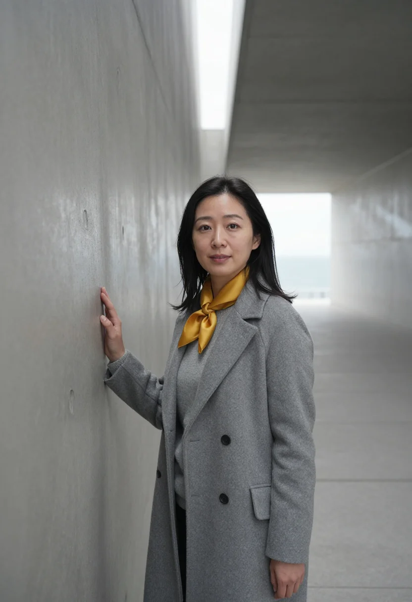 AI naoshima museum director concrete sea sample — portrait of a woman, a Japanese museum director in her late