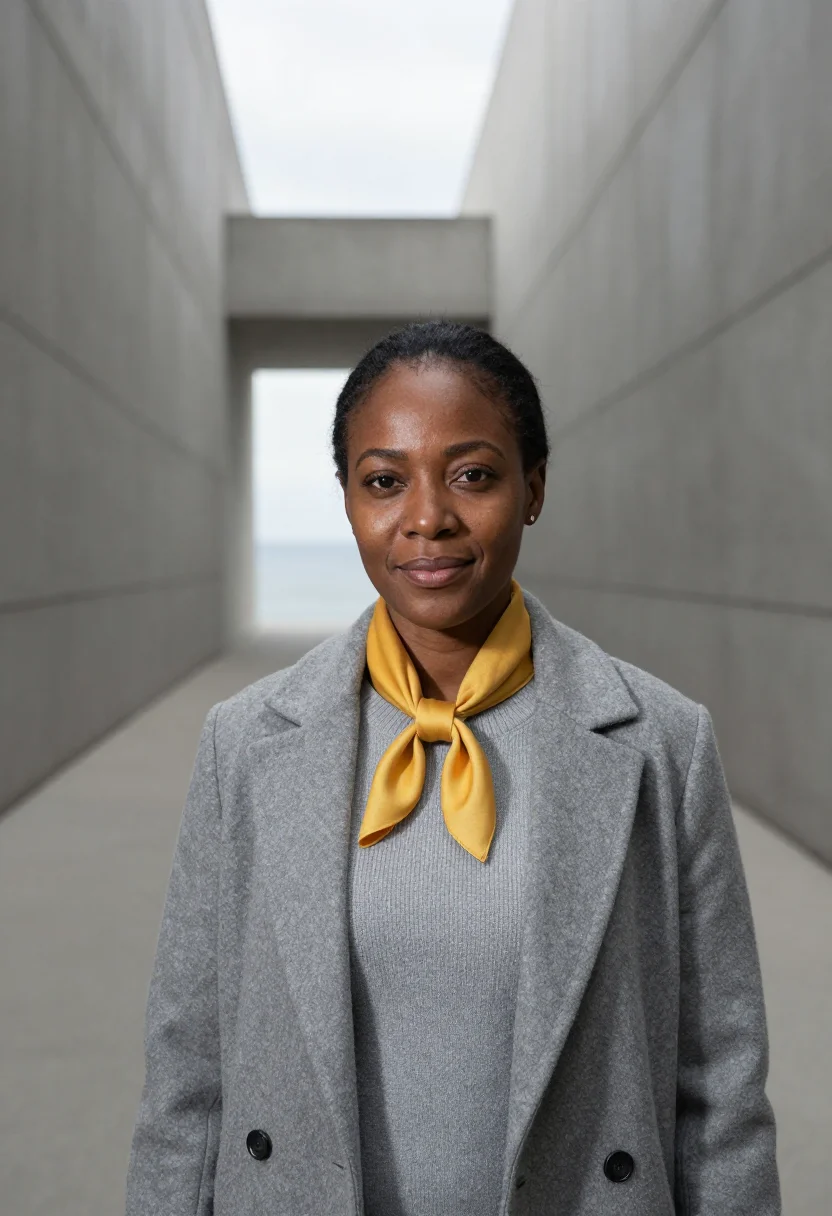AI naoshima museum director concrete sea sample — portrait of a woman, a Nigerian museum director in her early