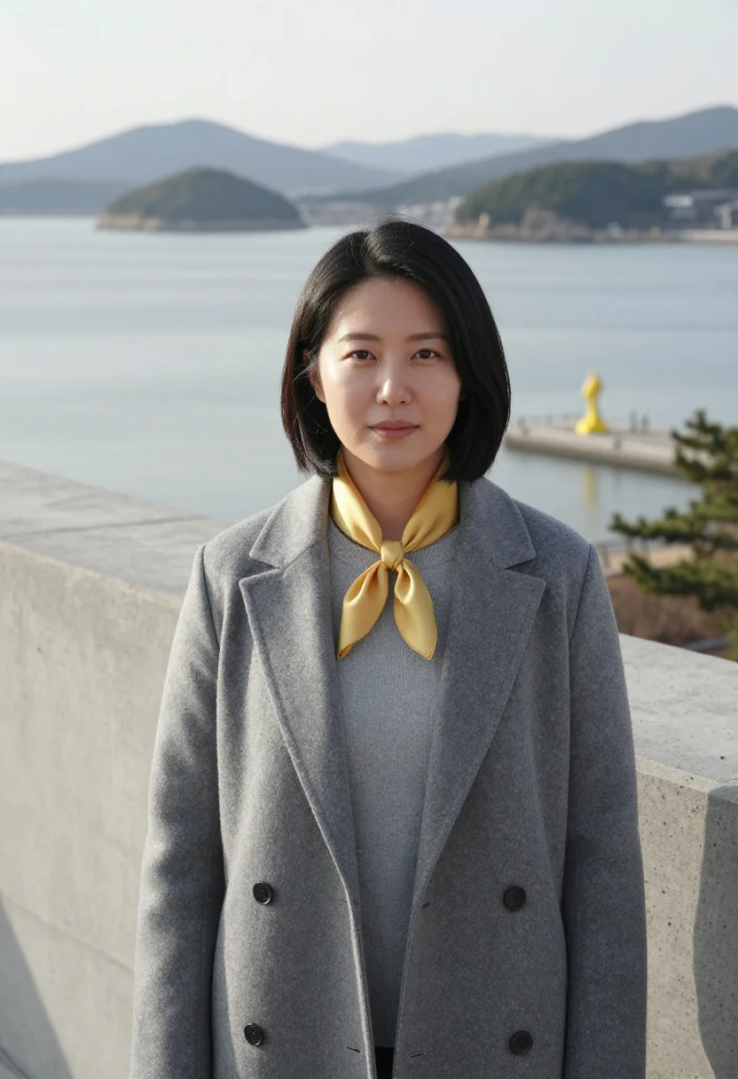 AI naoshima museum director concrete sea sample — portrait of a woman, a Korean museum director in her mid-thi