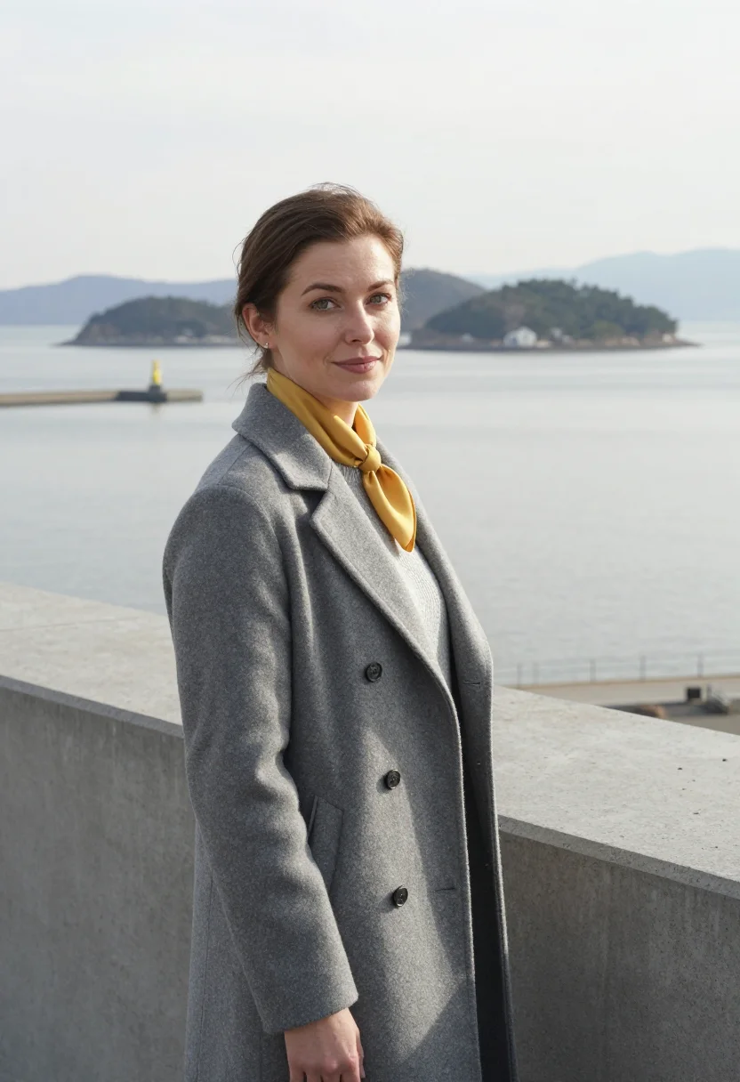 AI naoshima museum director concrete sea sample — portrait of a woman, a French museum director in her forties