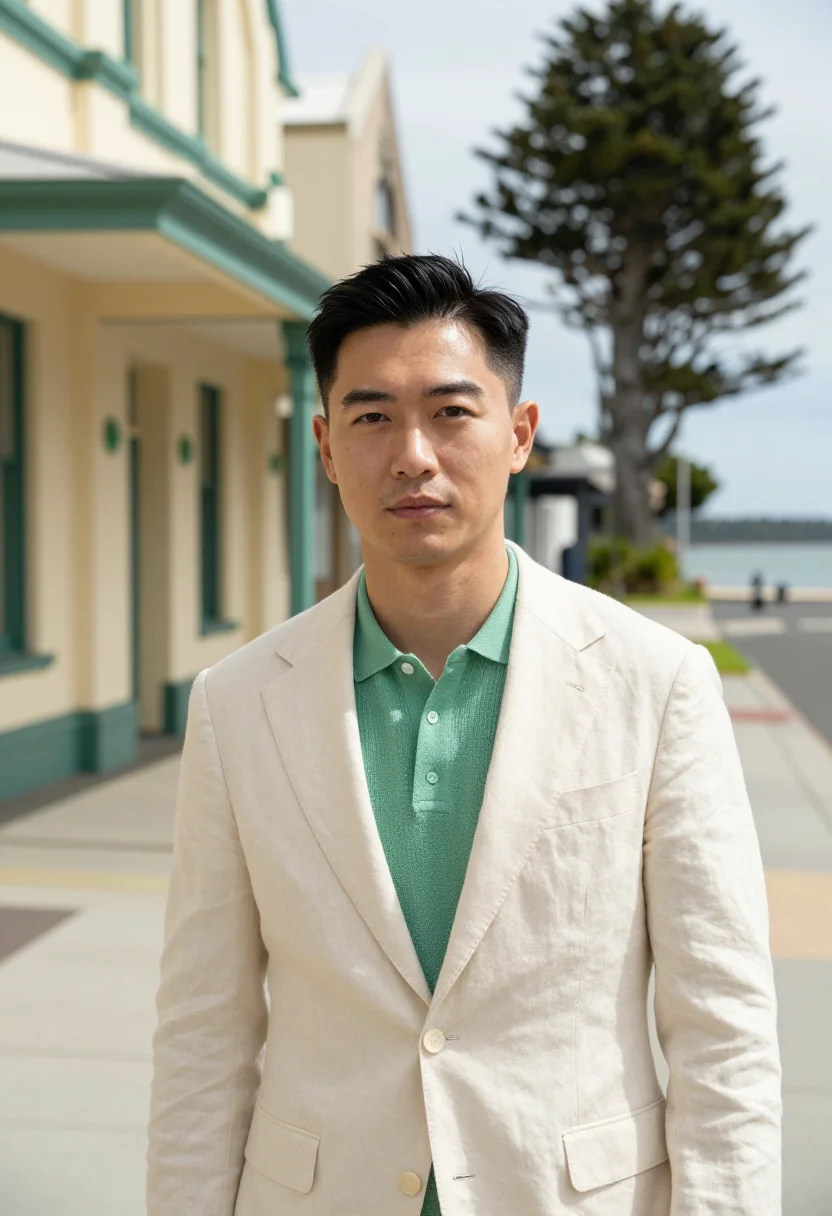 AI napier art deco architect pastel cream sea green sample — portrait of a man, an architect in his early thirties of Chi