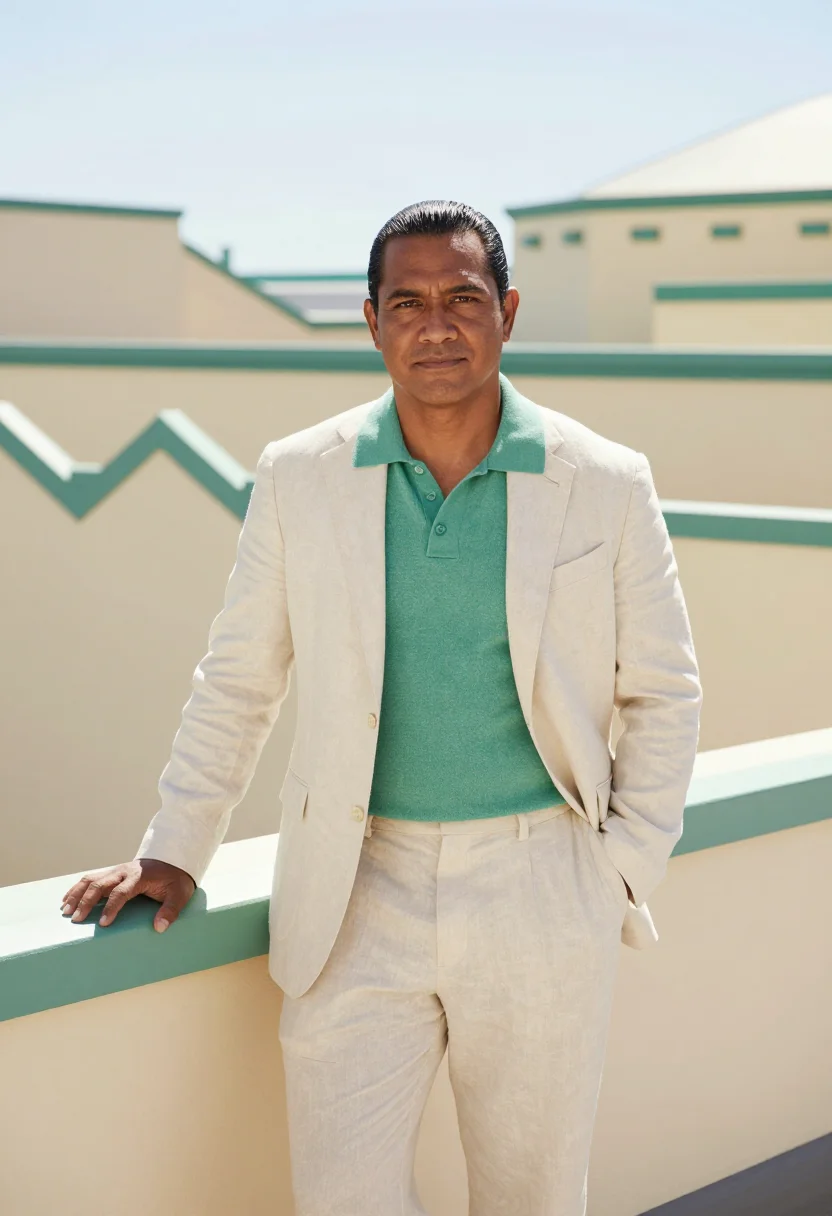 AI napier art deco architect pastel cream sea green sample — portrait of a man, an architect in his forties of Samoan des