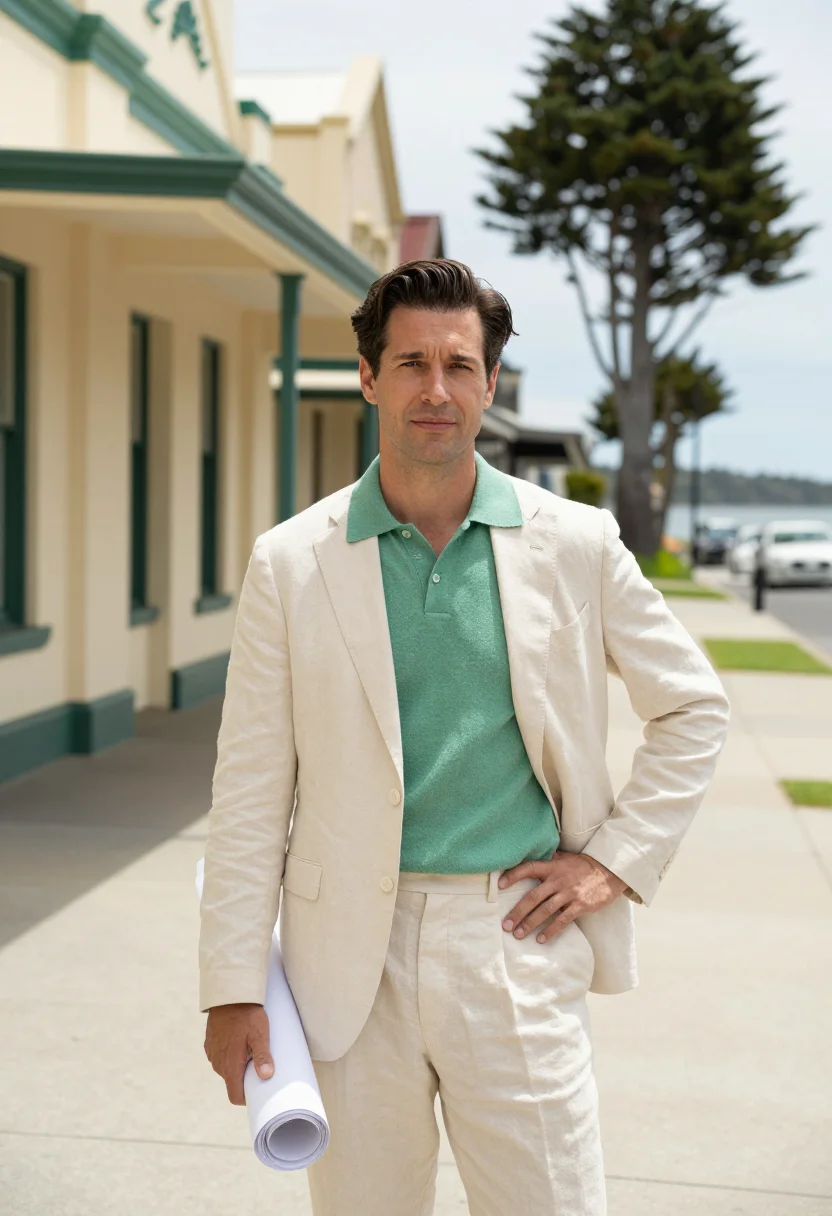 AI napier art deco architect pastel cream sea green sample — portrait of a man, an architect in his forties of French des