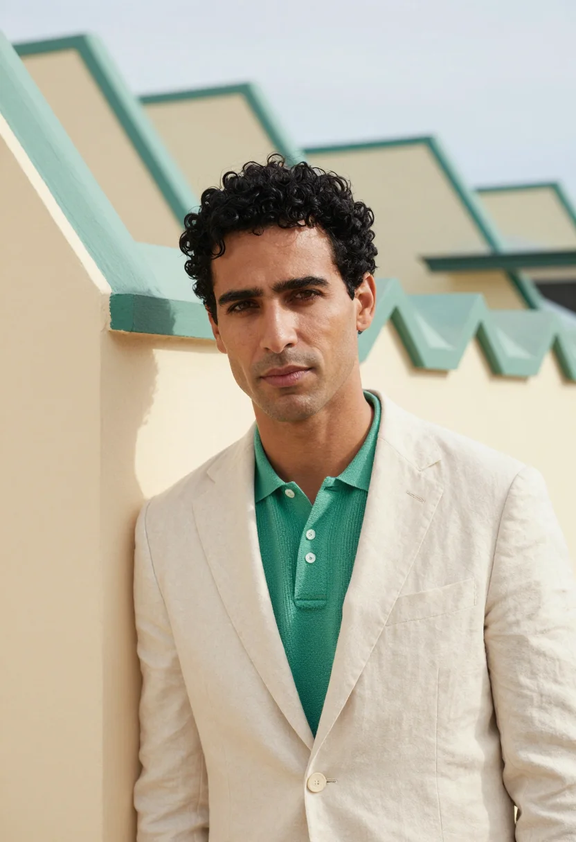 AI napier art deco architect pastel cream sea green sample — portrait of a man, an architect in his thirties of Italian d