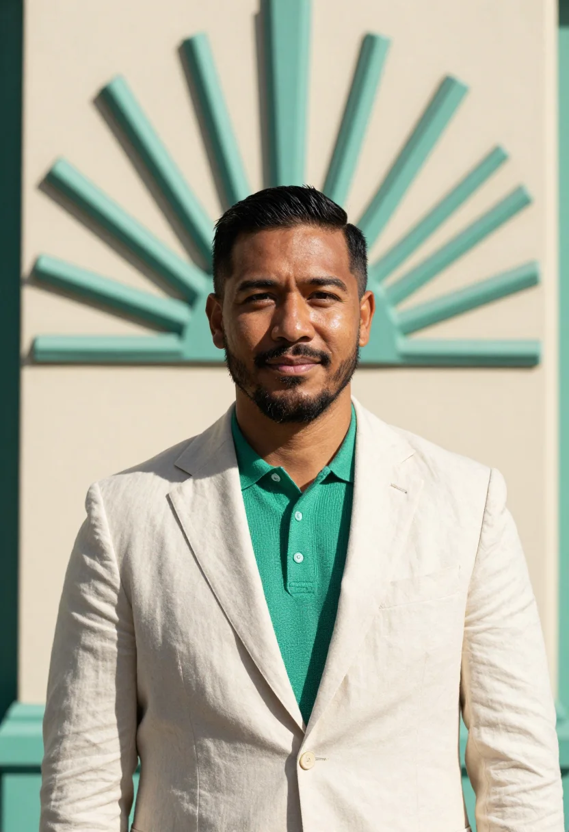 AI napier art deco architect pastel cream sea green sample — portrait of a man, an architect in his late thirties of Ngāt
