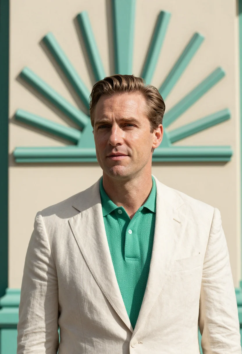 AI napier art deco architect pastel cream sea green sample — portrait of a man, an architect in his early forties of New