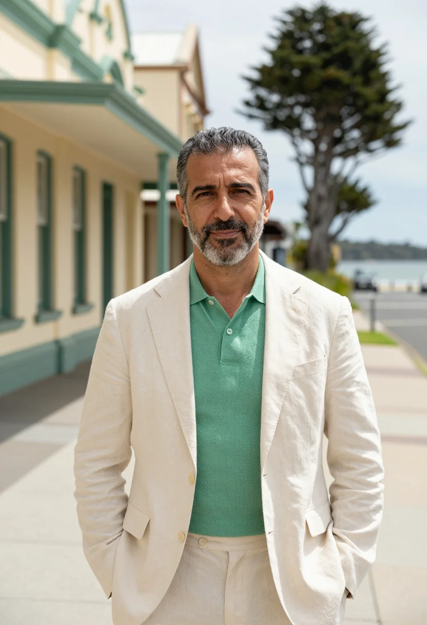 AI napier art deco architect pastel cream sea green sample — portrait of a man, an architect in his fifties of Lebanese d