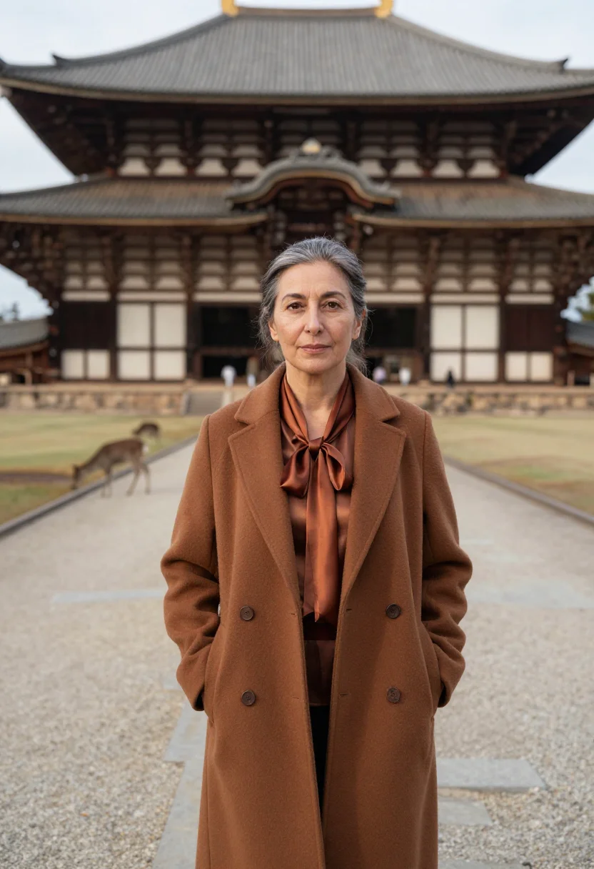 AI nara temple conservator bronze sample — portrait of a woman, a Spanish conservator in her fifties wi