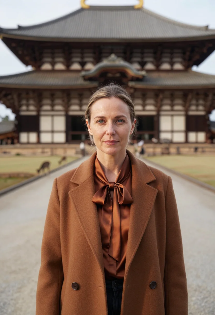 AI nara temple conservator bronze sample — portrait of a woman, a German conservator in her forties wit