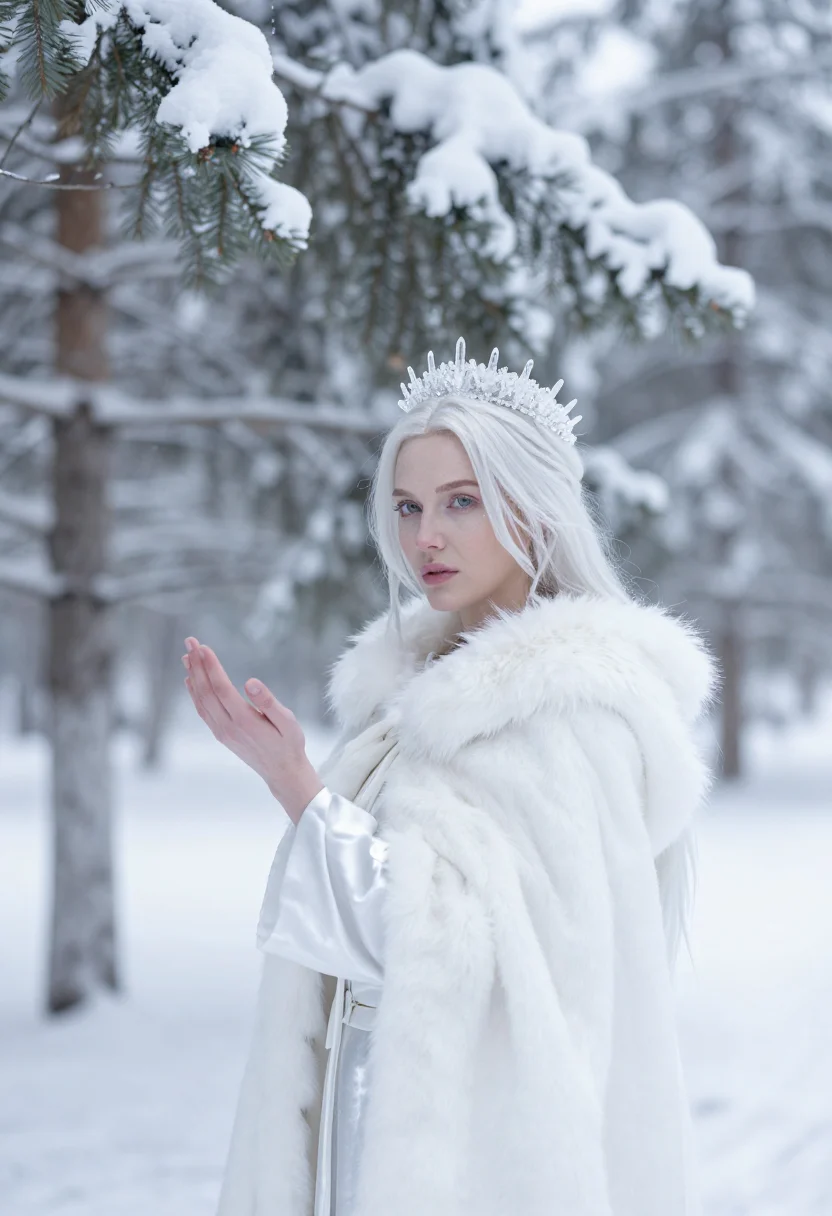 AI narnia white witch ice sample — portrait of a woman, framed chest-up to the ribs, the body c