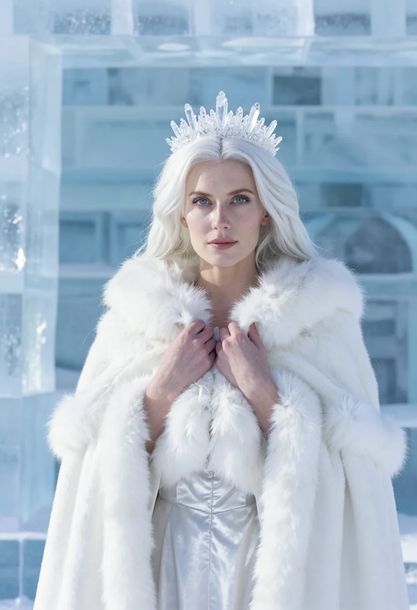AI narnia white witch ice sample — portrait of a woman, framed chest-up to the ribs, the body c