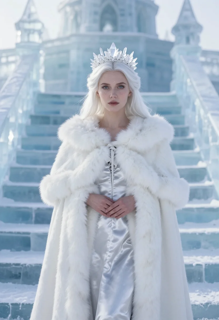 AI narnia white witch ice sample — portrait of a woman, framed chest-up to the ribs, the body c