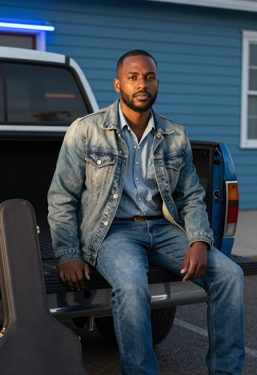 AI nashville denim sample — portrait of a man, three-quarter-length portrait of a man in