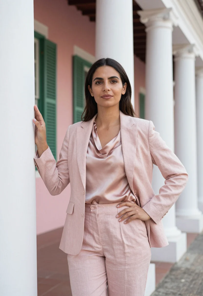 AI nassau banker pink colonial sample — portrait of a woman, a banker in her early forties with oliv
