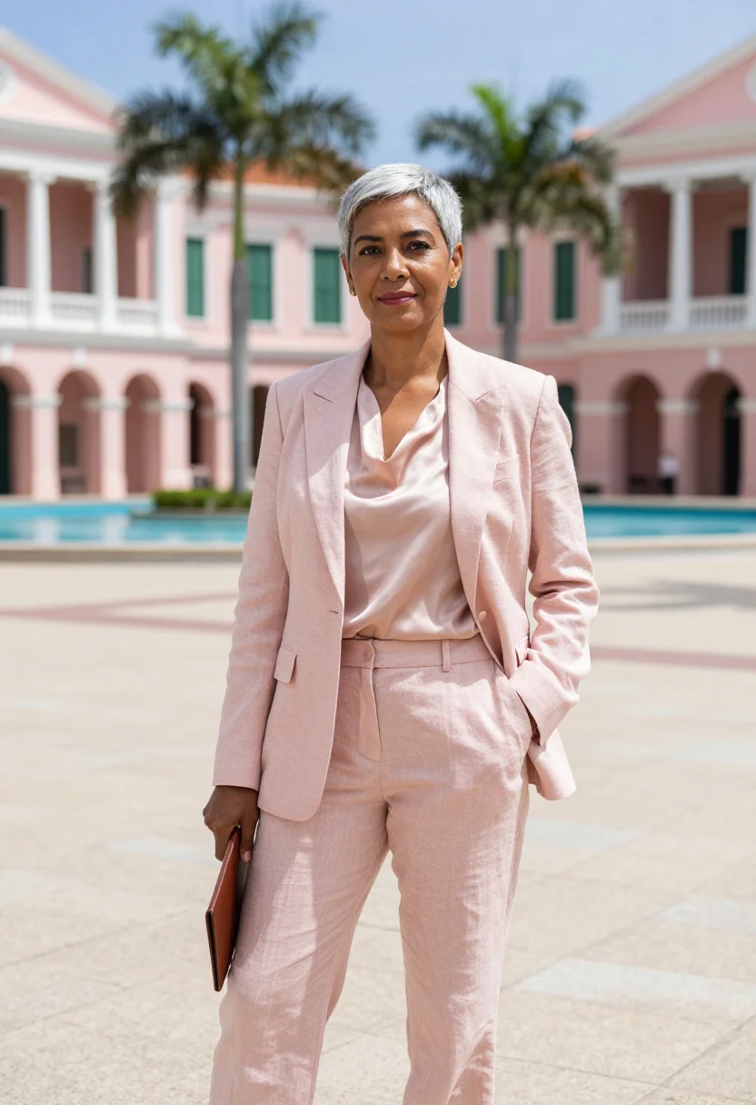 AI nassau banker pink colonial sample — portrait of a woman, a banker in her late fifties with warm