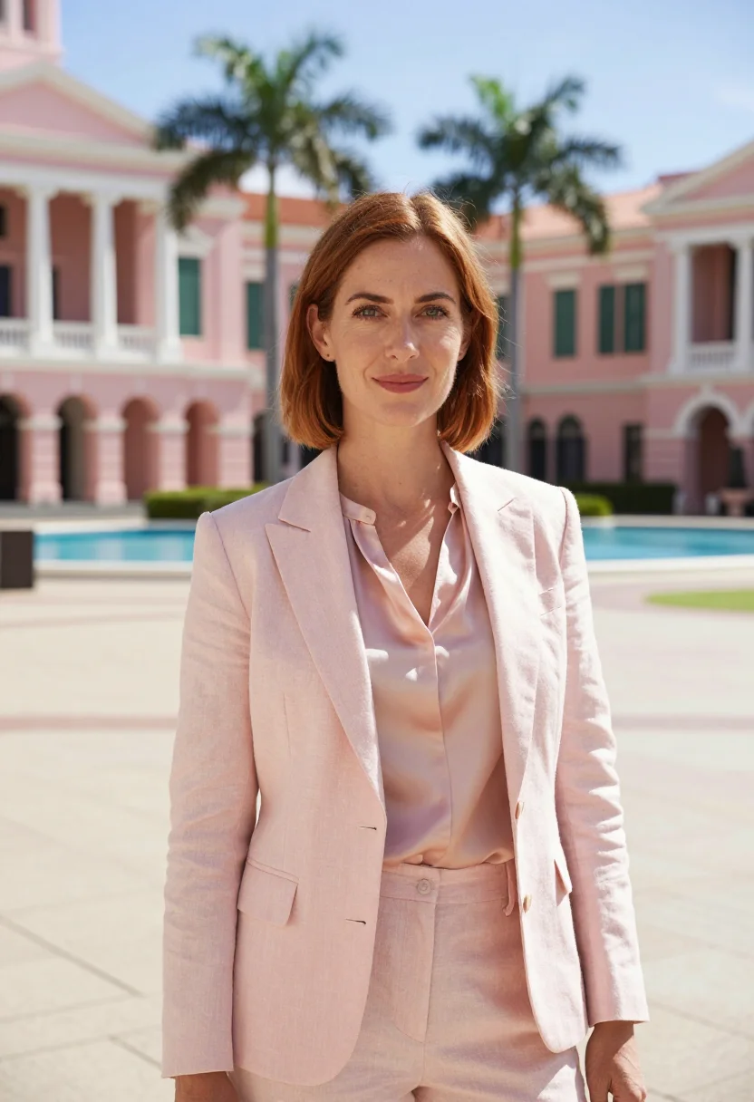 AI nassau banker pink colonial sample — portrait of a woman, a banker in her mid-forties with warm b