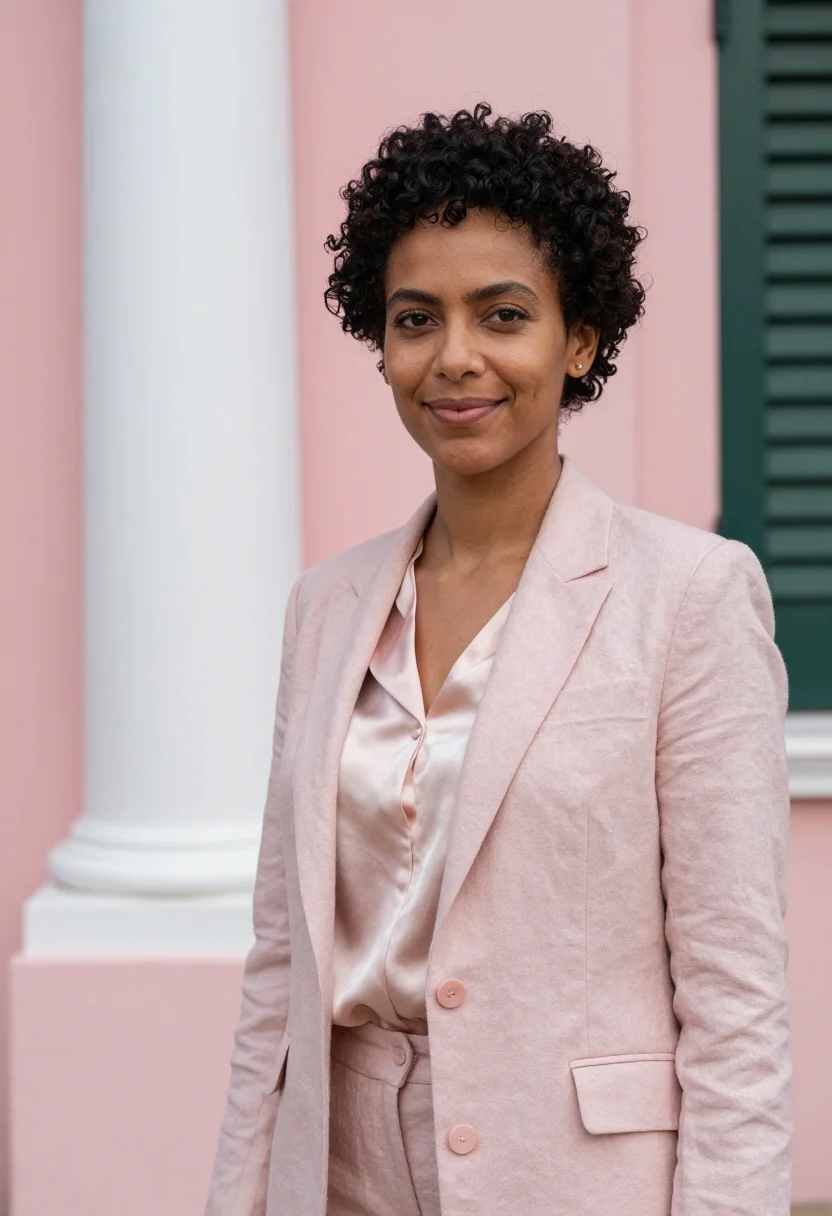 AI nassau banker pink colonial sample — portrait of a woman, a banker in her mid-thirties with warm