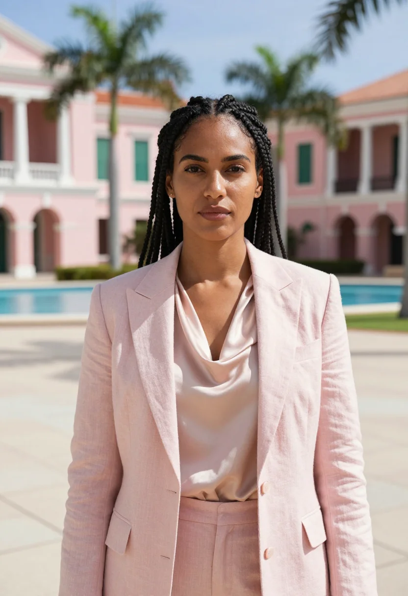 AI nassau banker pink colonial sample — portrait of a woman, a banker in her mid-thirties with deep