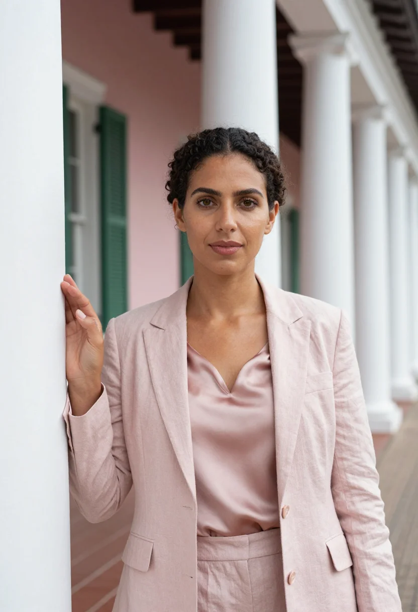 AI nassau banker pink colonial sample — portrait of a woman, a banker in her late twenties with warm