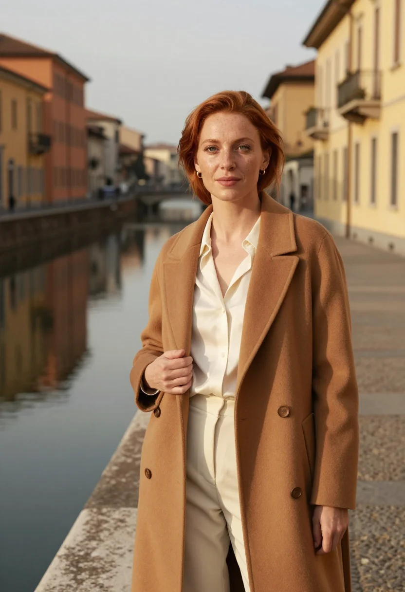 AI navigli design director canal ochre sample — portrait of a woman, of Western-European descent, in her lat